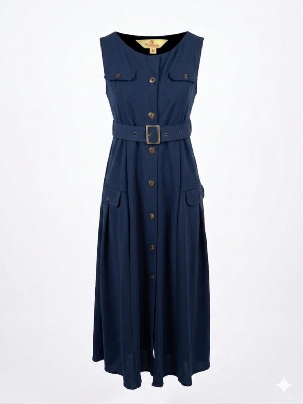 Classic Navy Belted Midi Dress