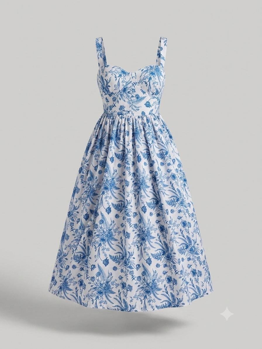 White Blue Floral Midi Dress